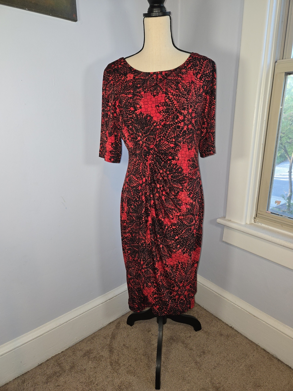 Red Black Lace Print Faux Wrap Ruched Sheath Dress Sz 12 Office Evening Cocktail